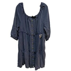 Mlle Gabrielle‎ Tiered Ruffle Button Front Casual 3/4 Sleeve Blue Dress 3X